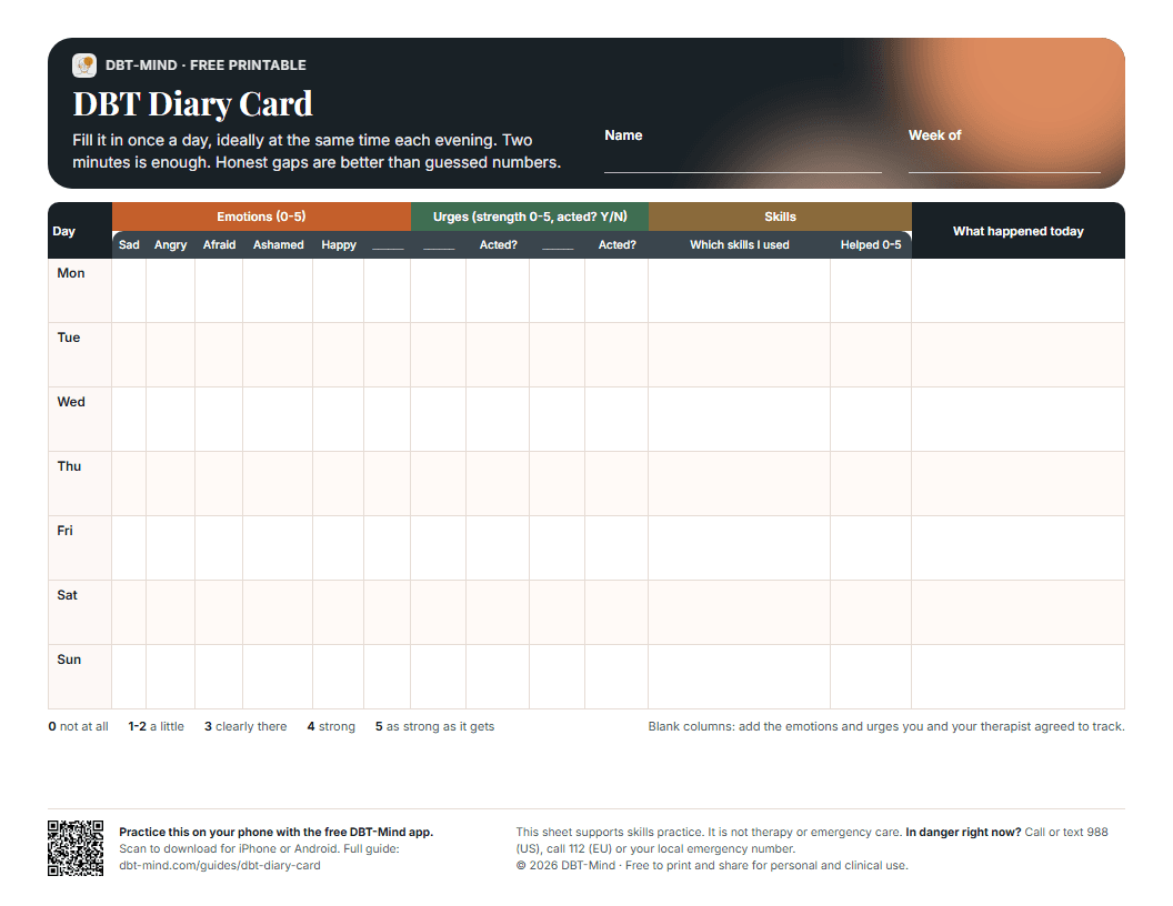 Preview of the free DBT Diary Card PDF by DBT-Mind