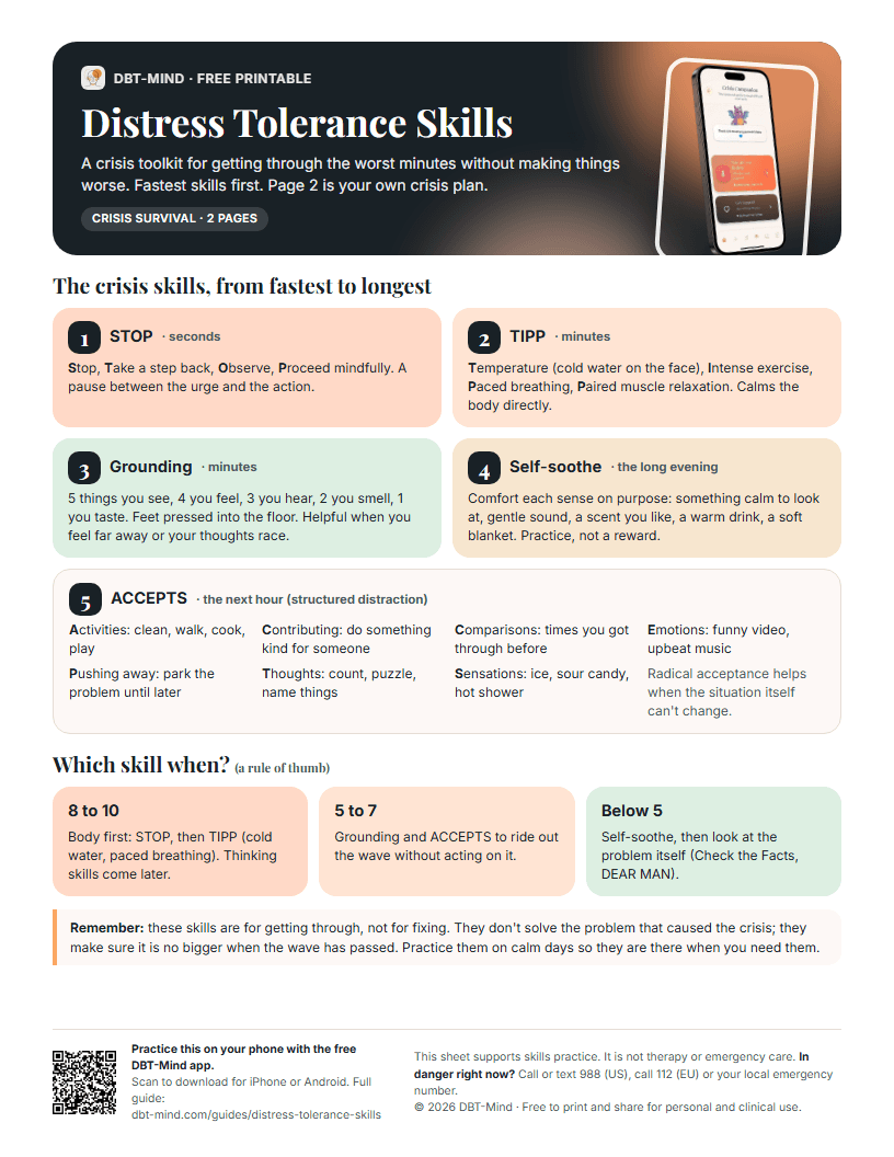 Preview of the free Distress Tolerance Skills and Crisis Plan PDF