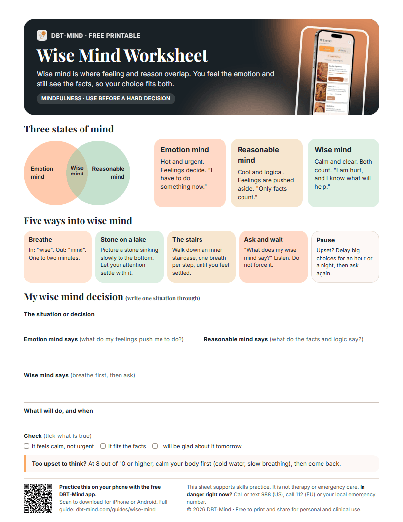 Preview of the free Wise Mind Worksheet PDF by DBT-Mind
